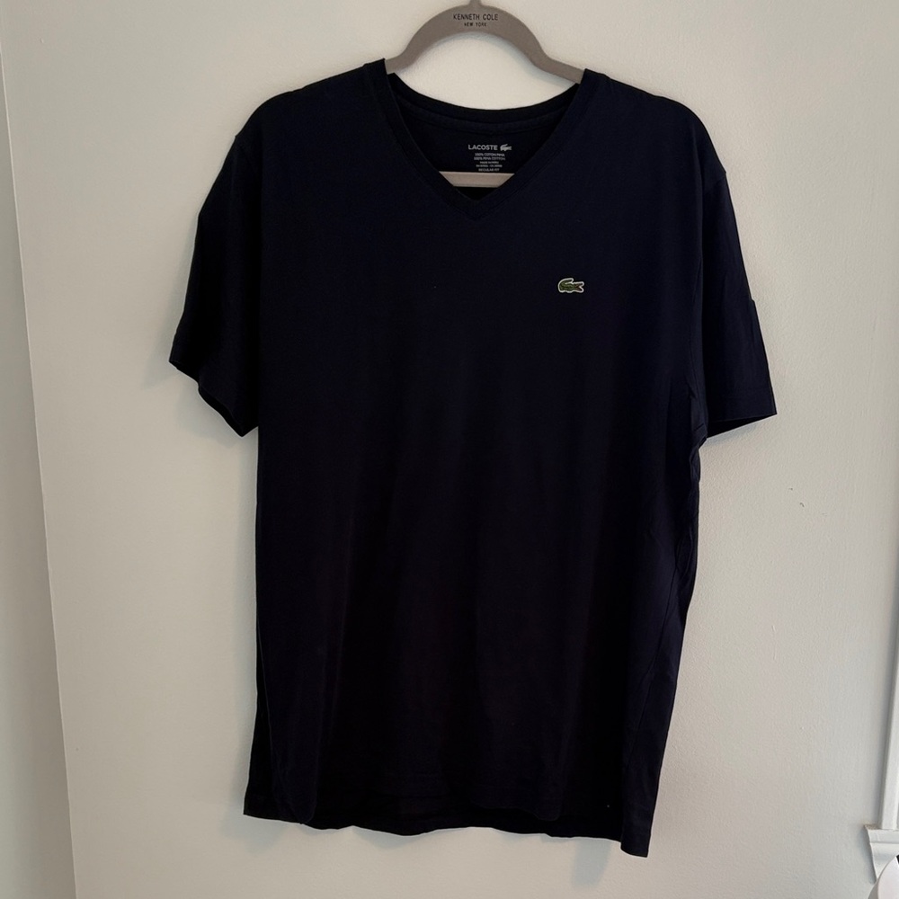 Lacoste Men's V-Neck T-Shirt in Navy with Green Crocodile Logo